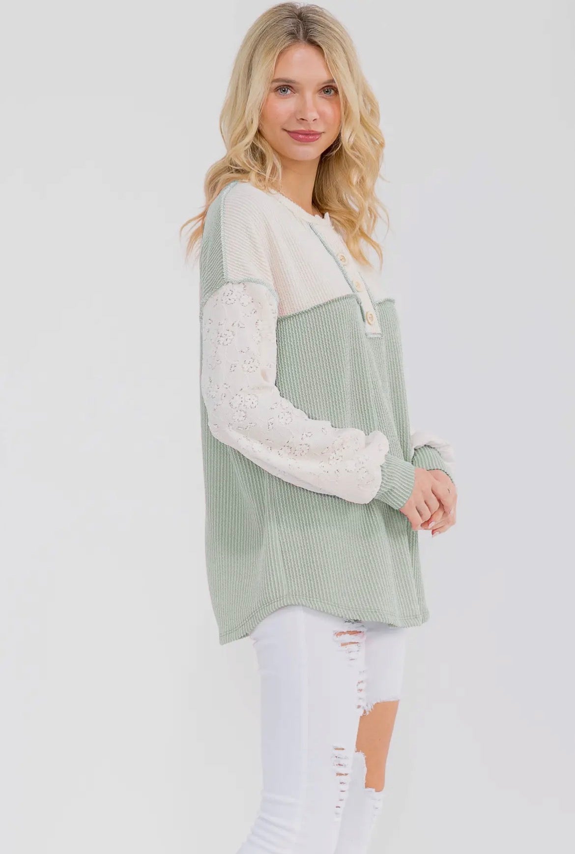 Sage Ribbed Lace Detail Long Sleeve Top