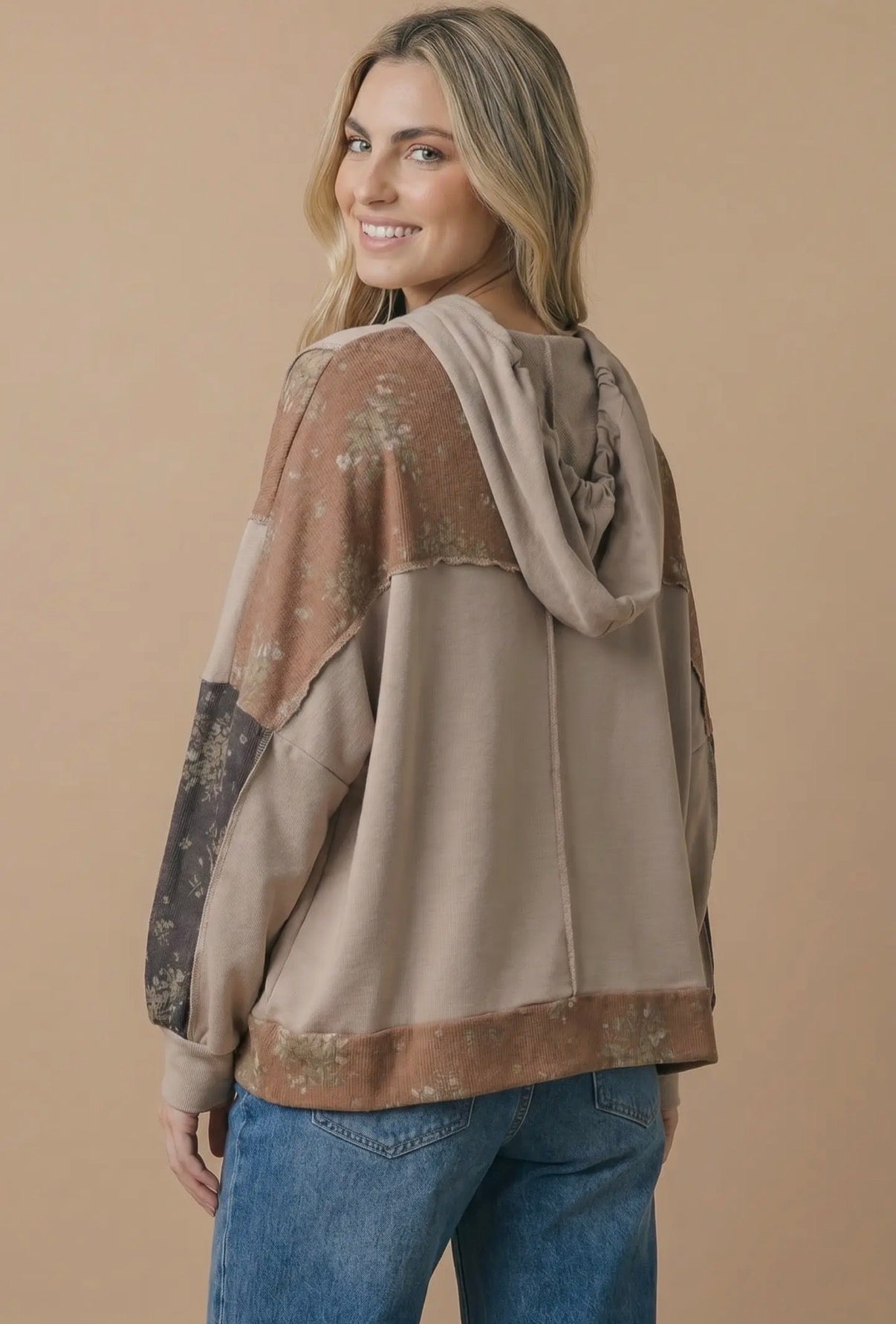 Taupe Floral Colorblock Hoodie