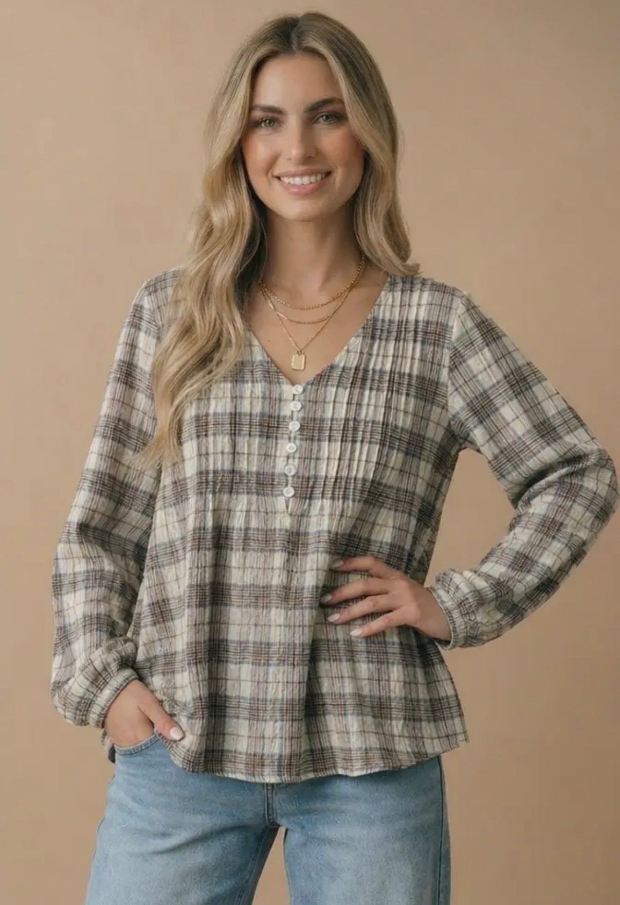 Oatmeal + Taupe Crinkle Plaid Button Blouse