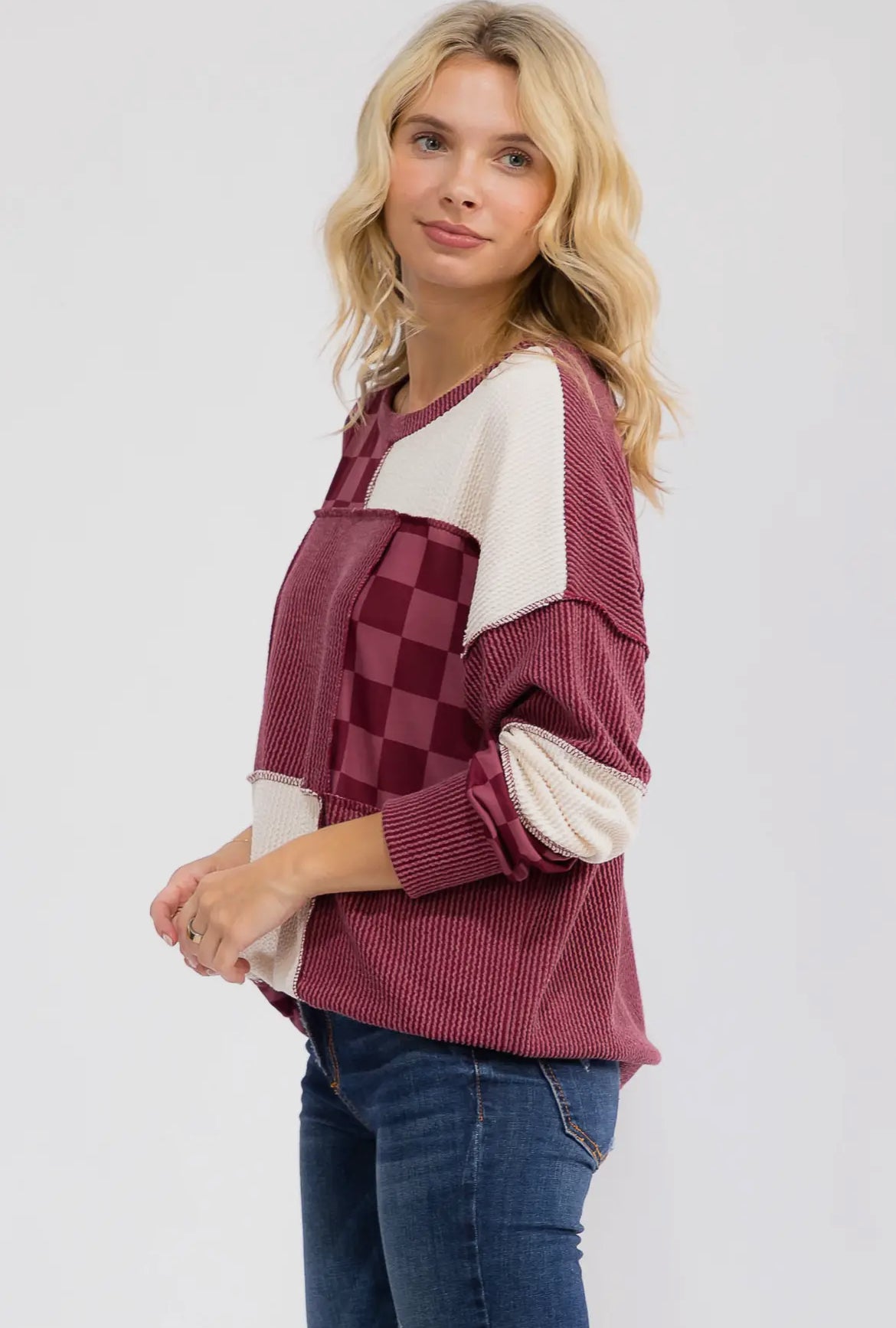 Burgundy + Checkered Ribbed Colorblock Long Sleeve Top
