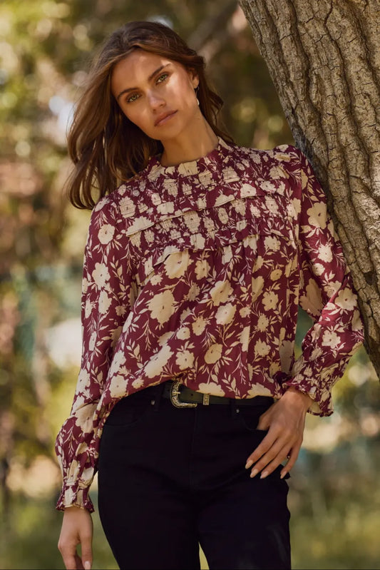 Mulberry Floral High Neck Long Sleeve Blouse