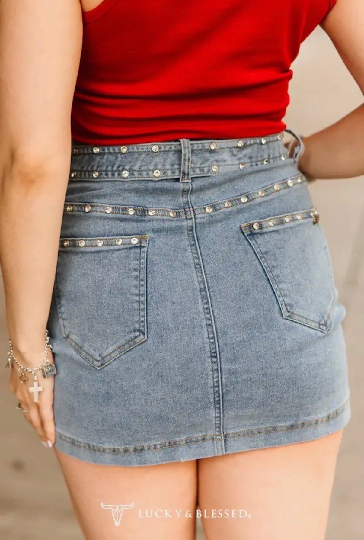 Denim Rhinestone Buckle Mini Skirt