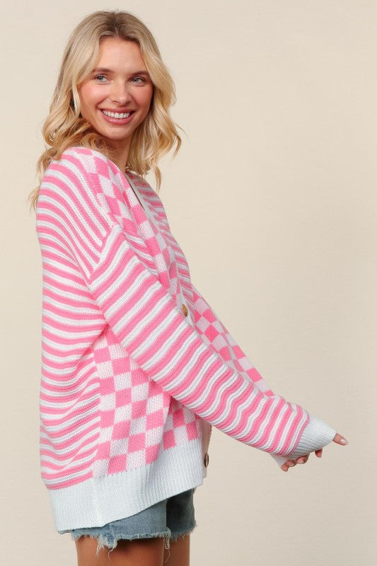 Pink Checkered + Stripes Button Cardigan