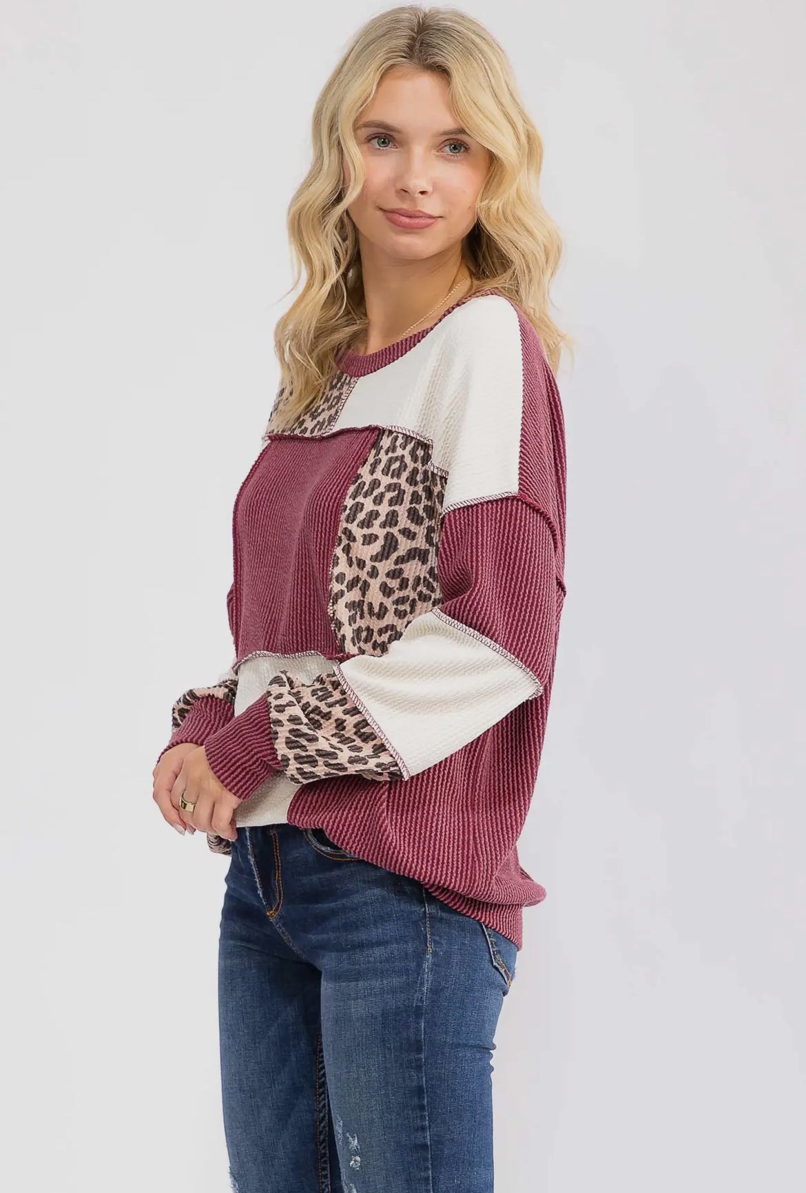 Burgundy + Cheetah Ribbed Colorblock Long Sleeve Top