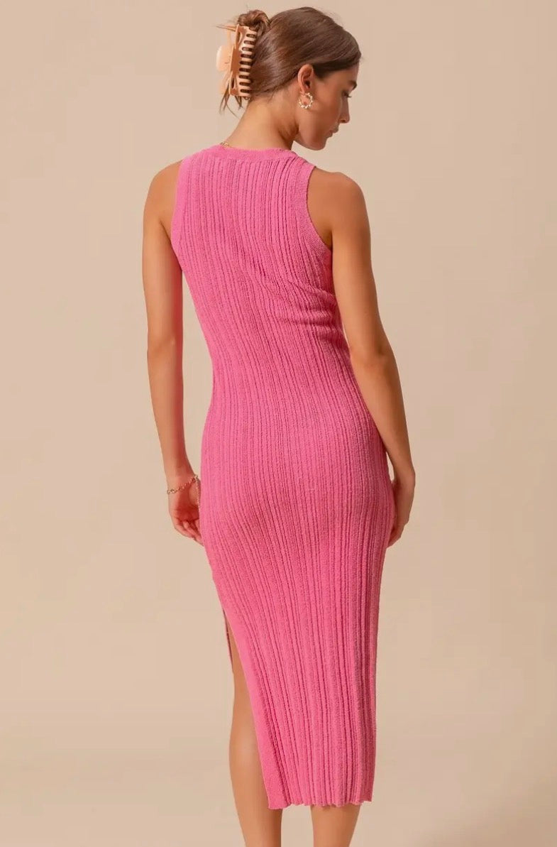 Pink Ribbed Knit Midi Dress