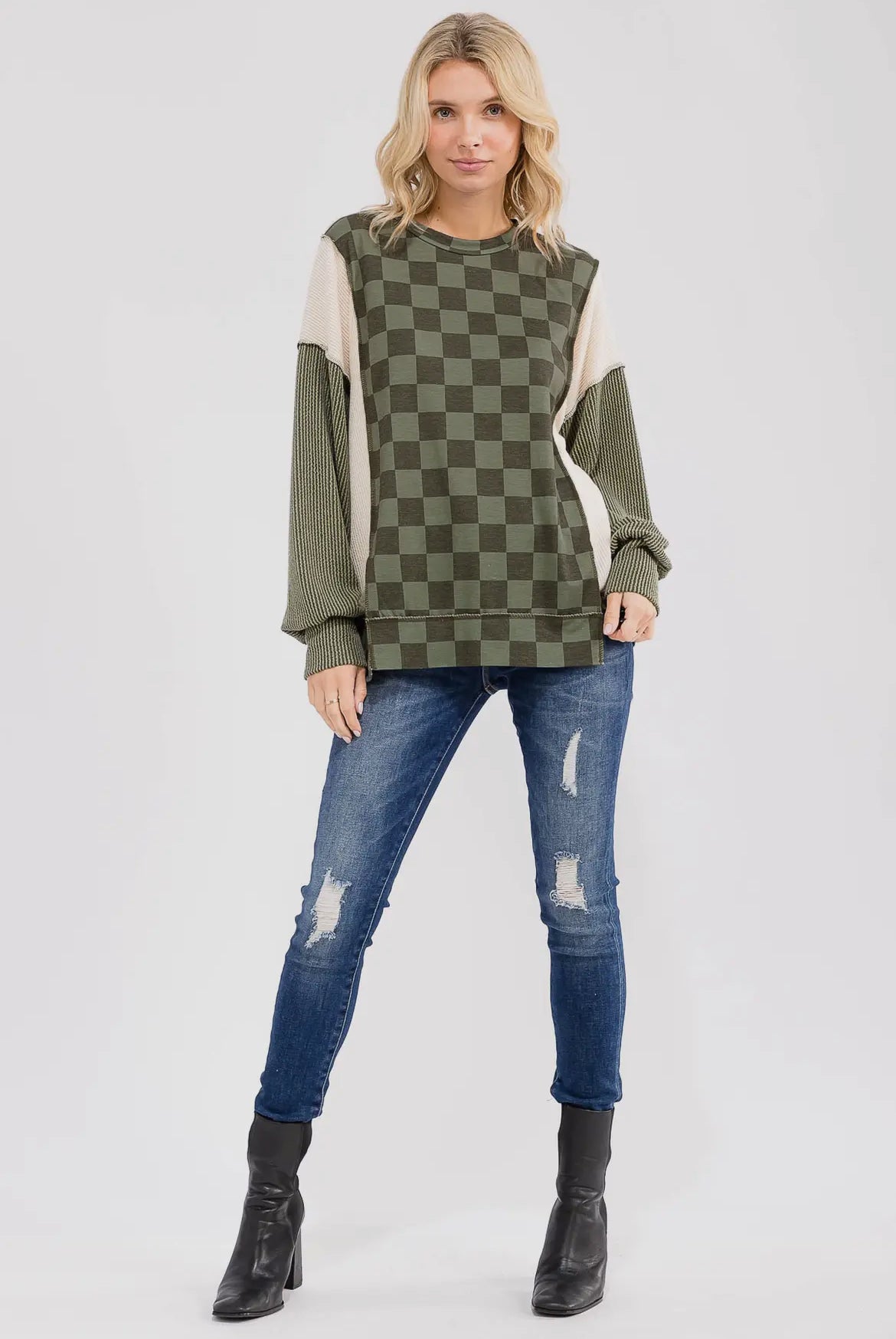 Olive Checkered Ribbed Colorblock Long Sleeve Top