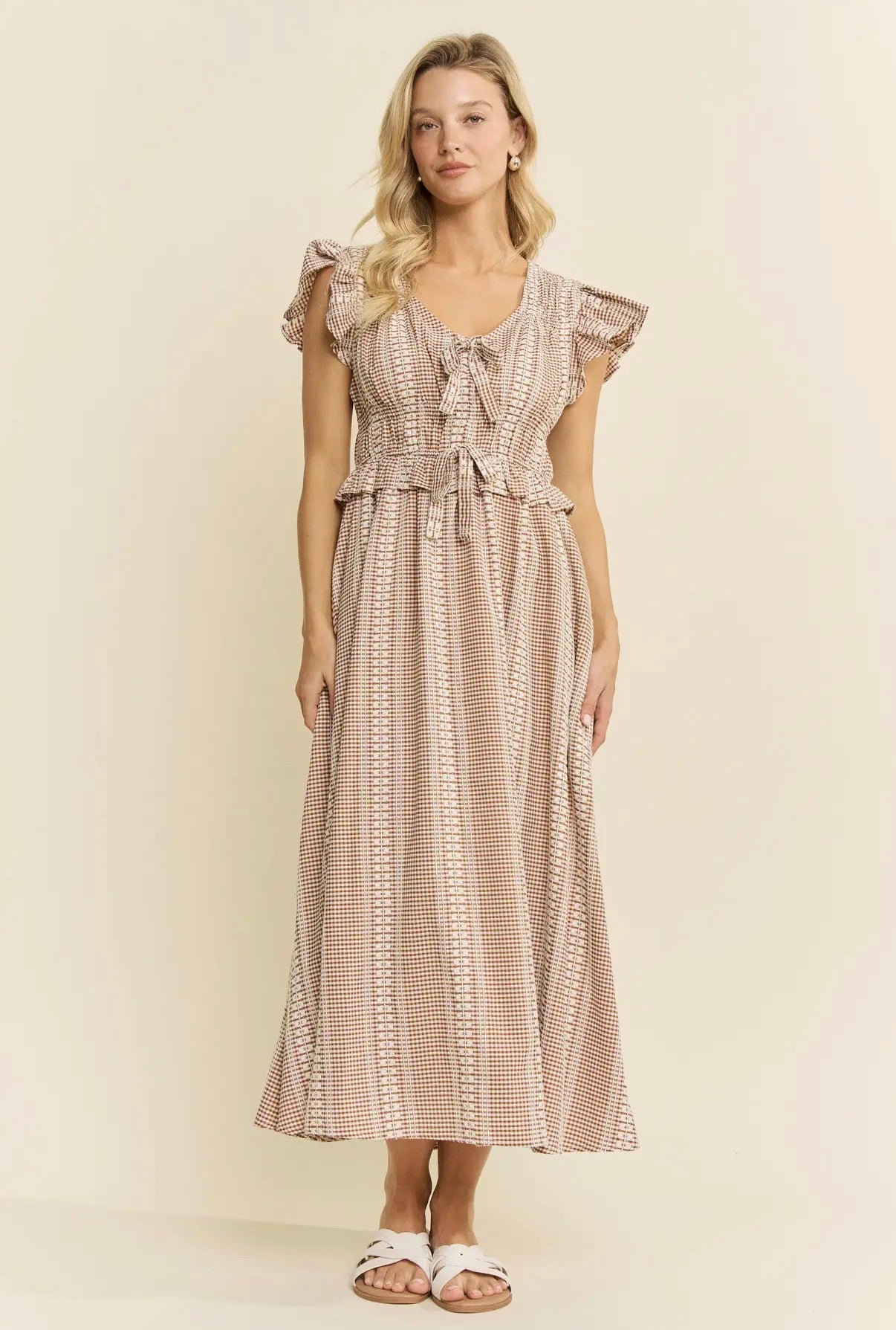 The Mocha Ribbon & Ruffle Midi Dress