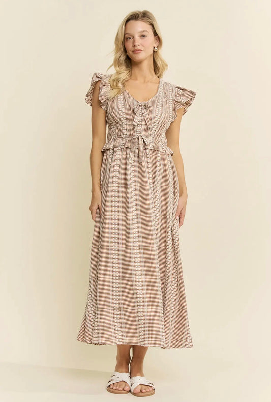 The Mocha Ribbon & Ruffle Midi Dress