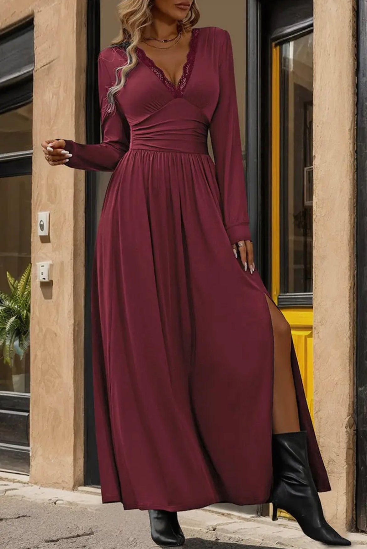 Wine Lace V-Neck Dress