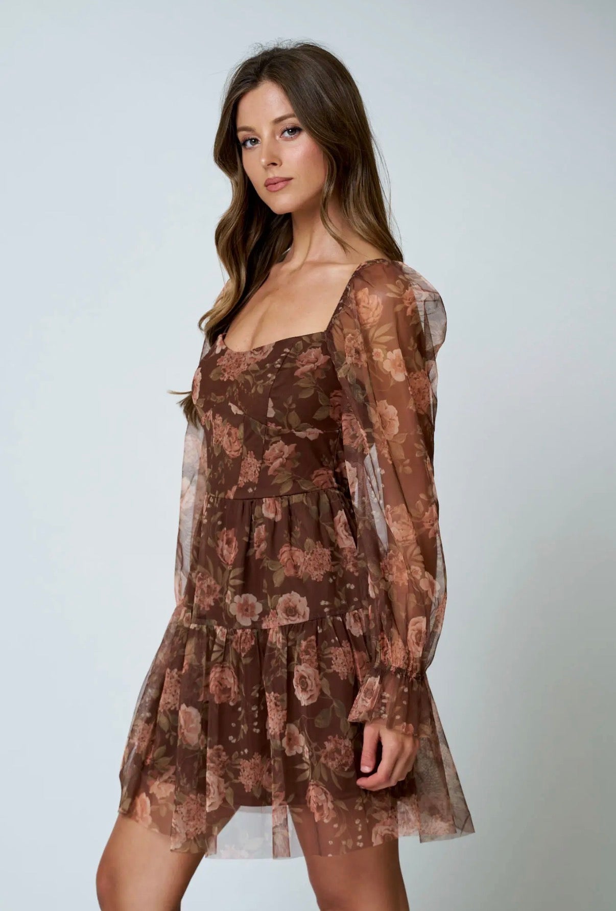 Brown Floral Chiffon Corset Dress