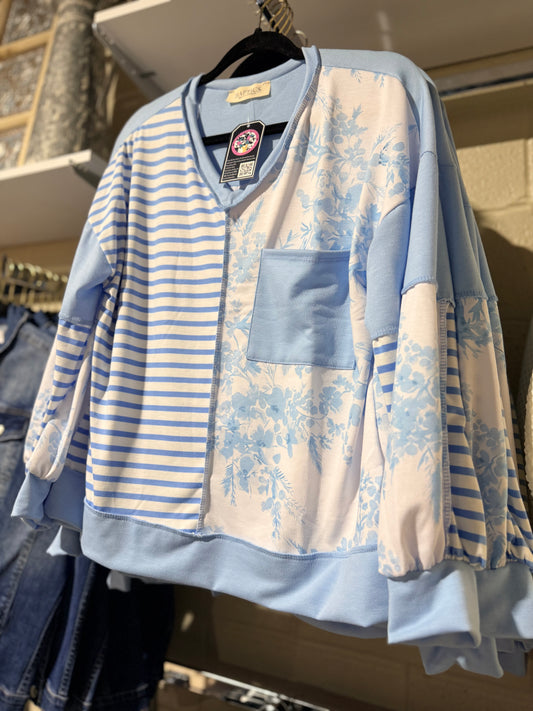 Light Blue Floral + Stripes Long Sleeve Top