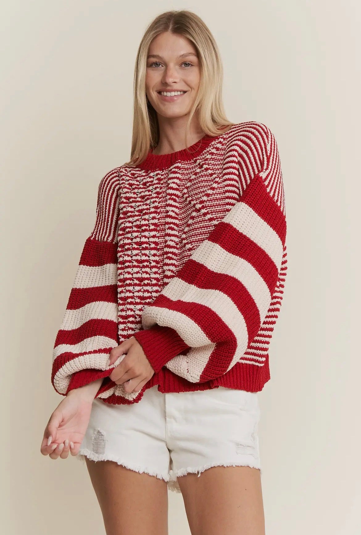 Red and White Stripe Crochet Sweater