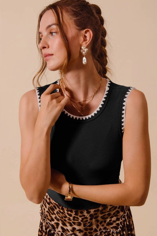 Black Embroidered Edge Sleeveless Ribbed Top