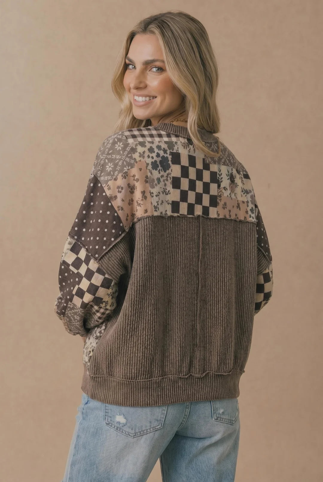 Brown Vintage Patchwork Crewneck Pullover