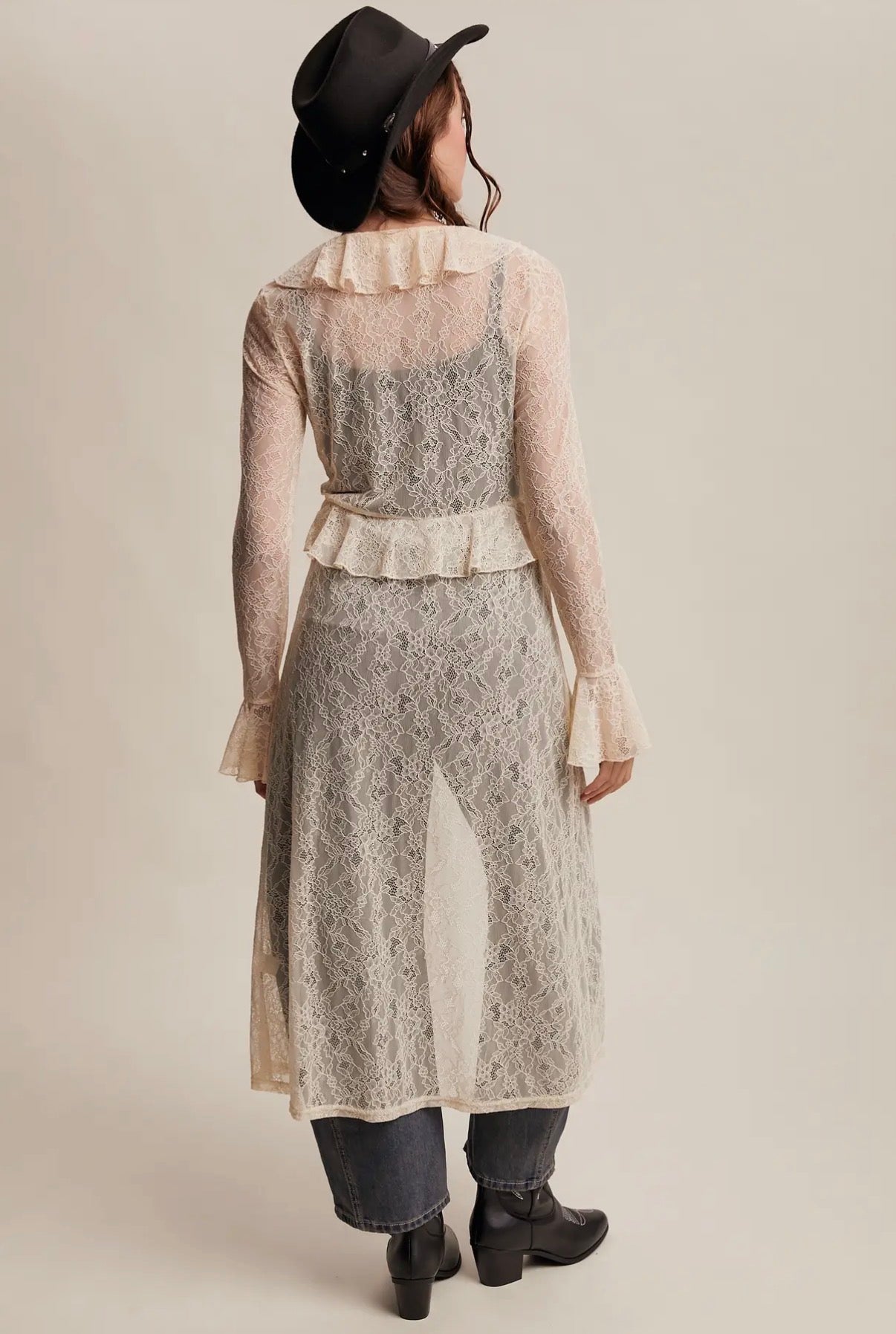 Ecru Sheer Lace Ruffle Duster