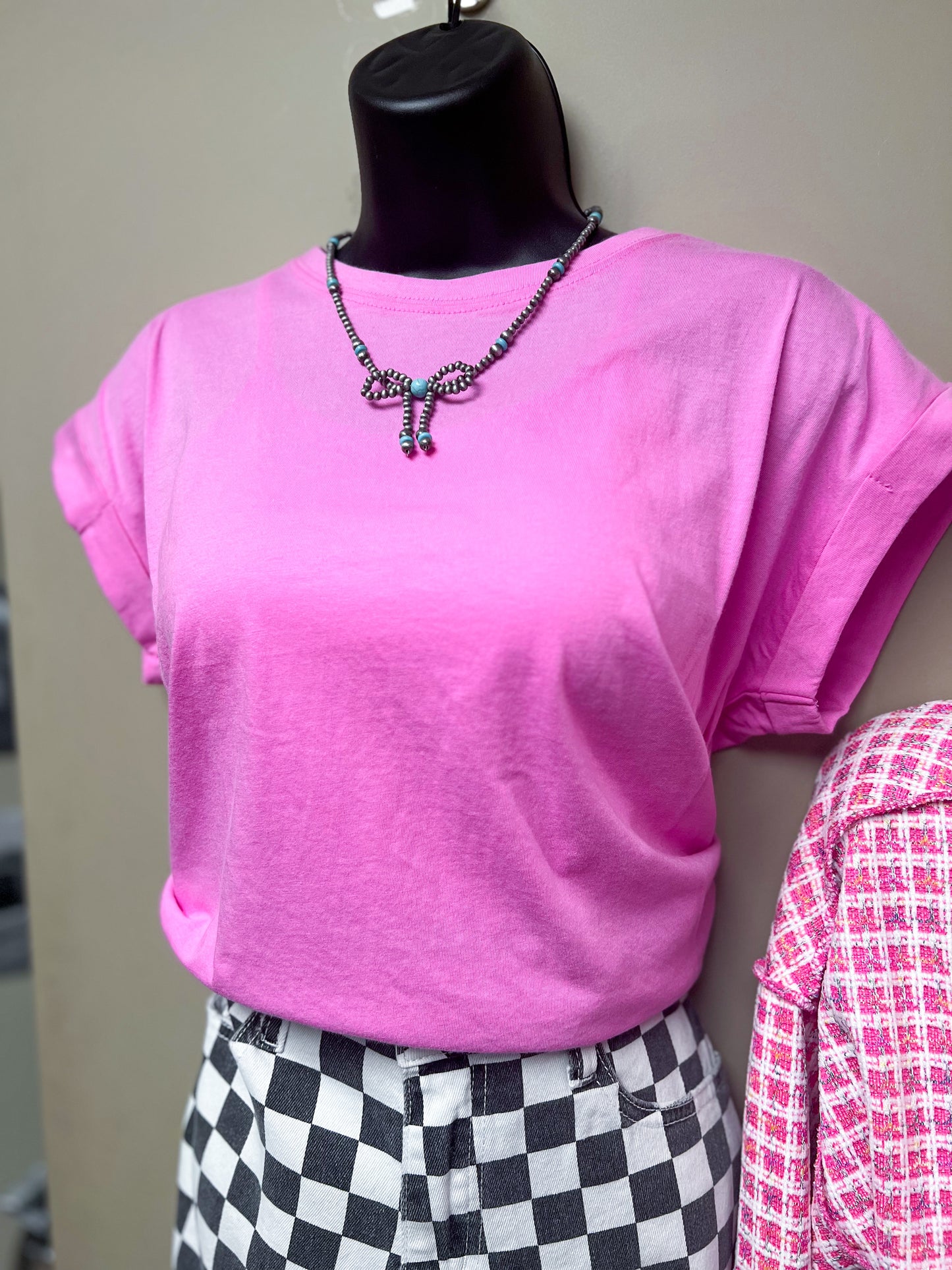 Candy Pink Cotton Rolled Sleeve Top