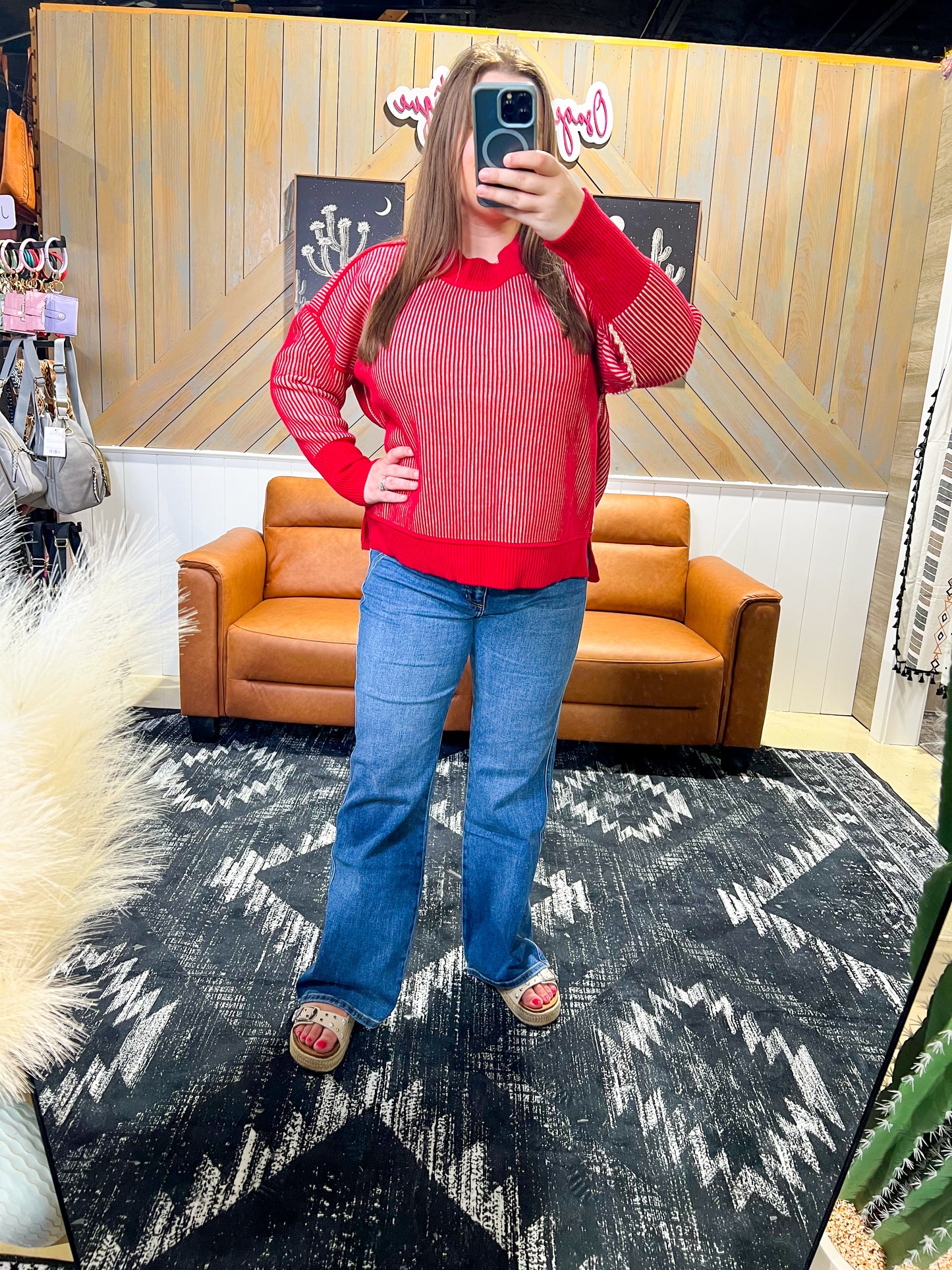 Dark Red Ribbed Two-Tone Sweater