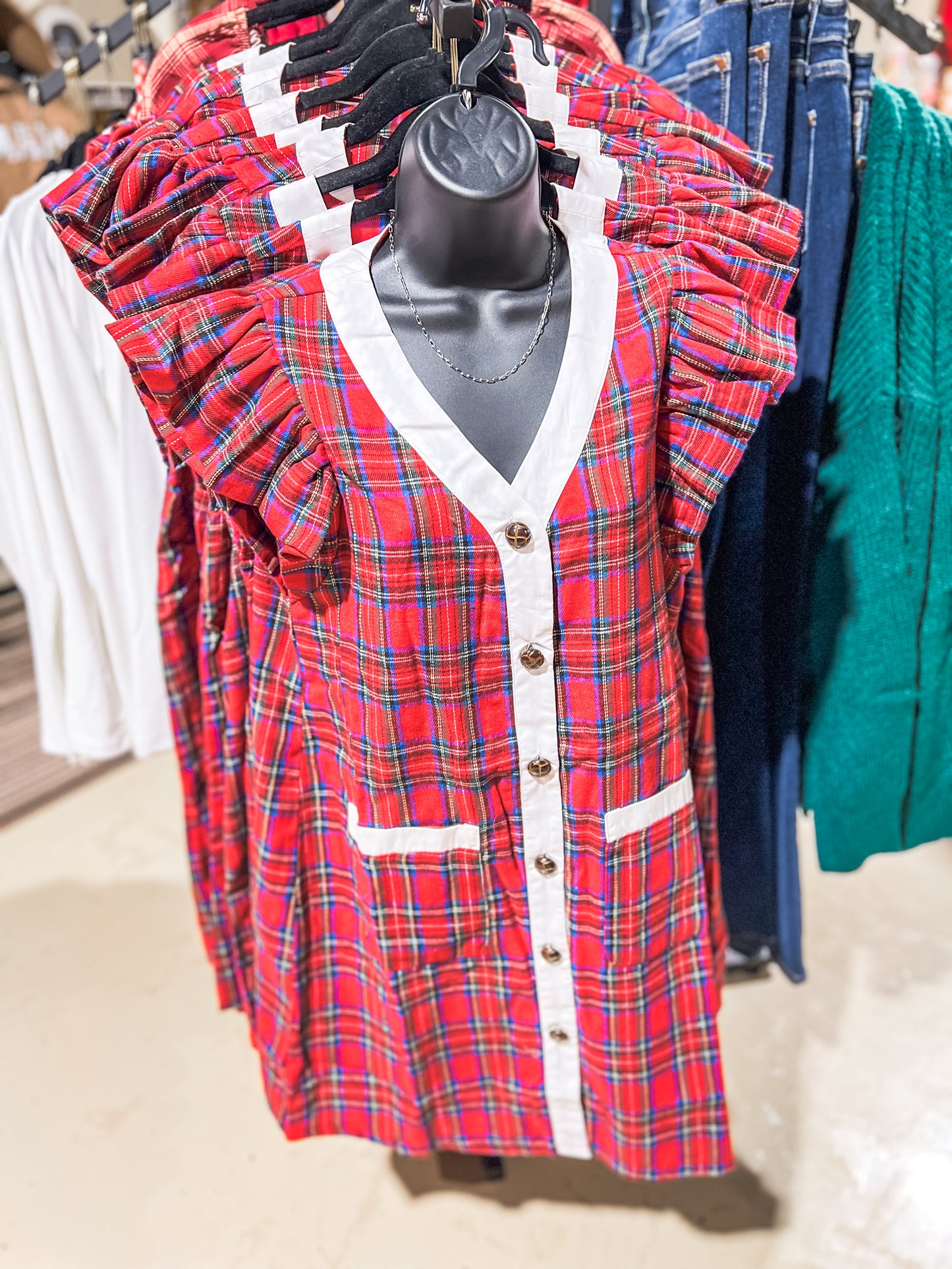 Holiday Plaid Button Front Dress