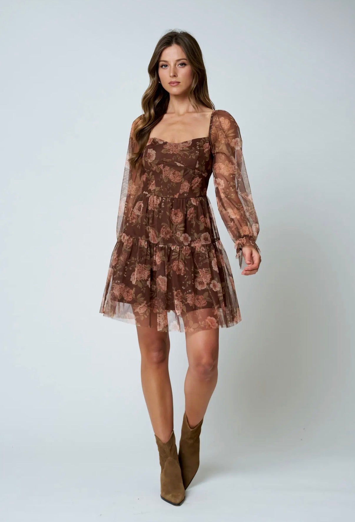 Brown Floral Chiffon Corset Dress