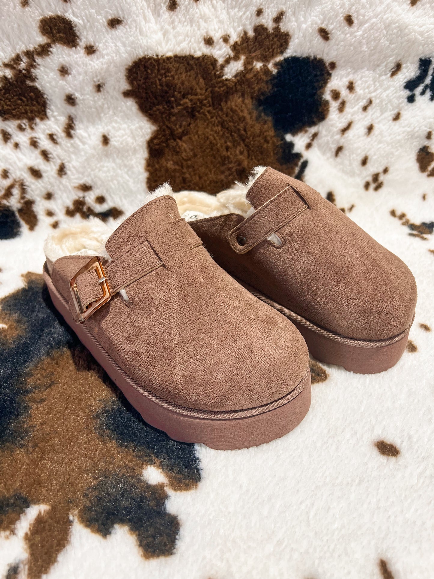 Sunday Taupe Suede Sherpa Lined Platform Mule