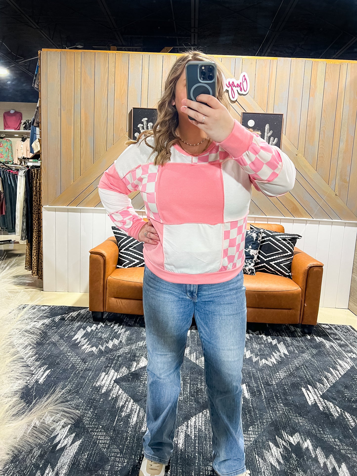 X-LARGE Pink Checkered Color Block Long Sleeve Top