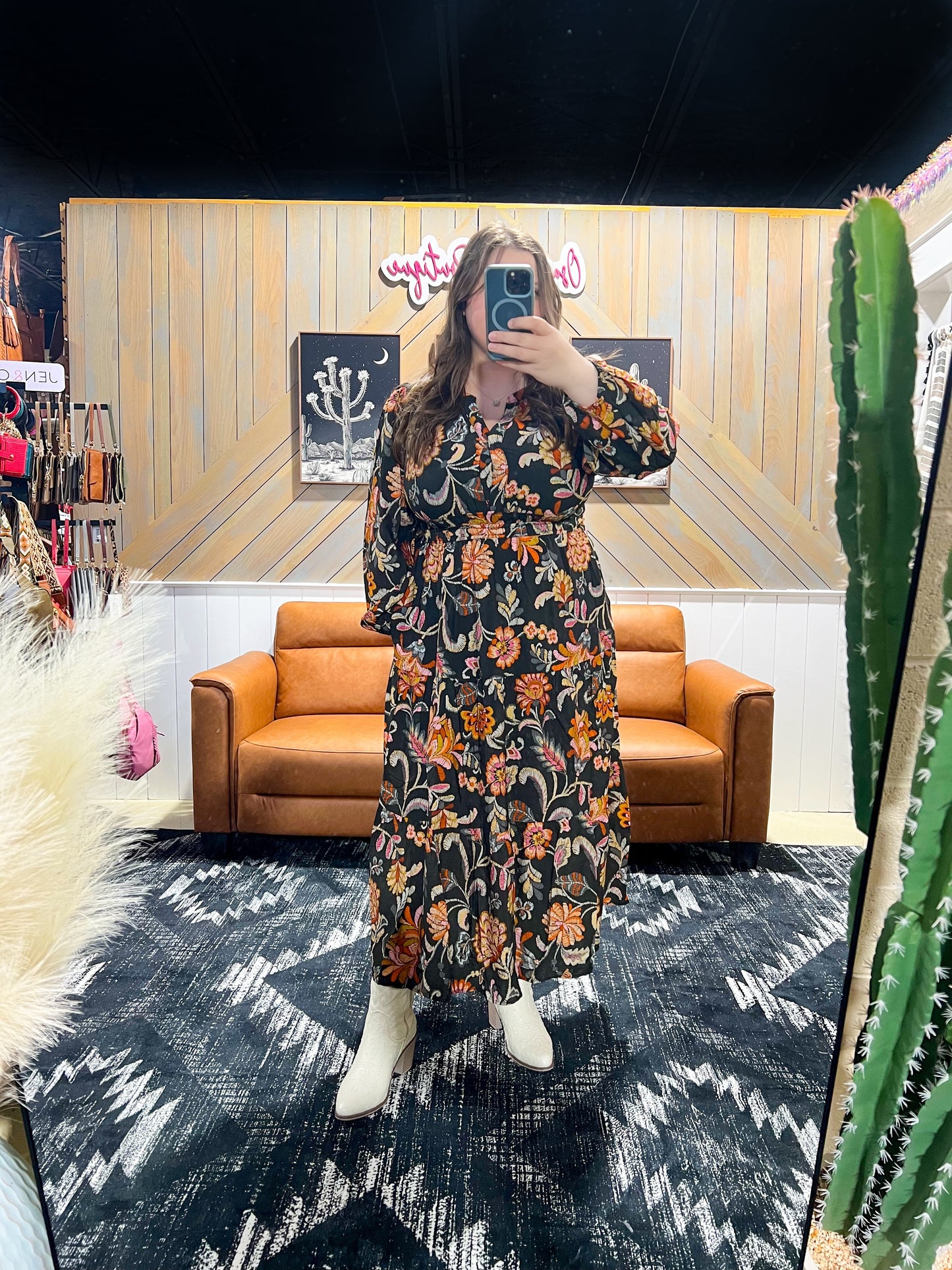 Charcoal Boho Floral Long Sleeve Maxi Dress