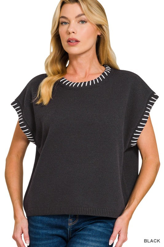 Black Stitched Edge Sweater Vest