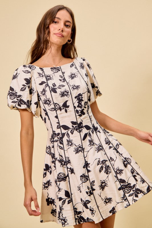 Ivory & Black Floral Fit & Flare Dress