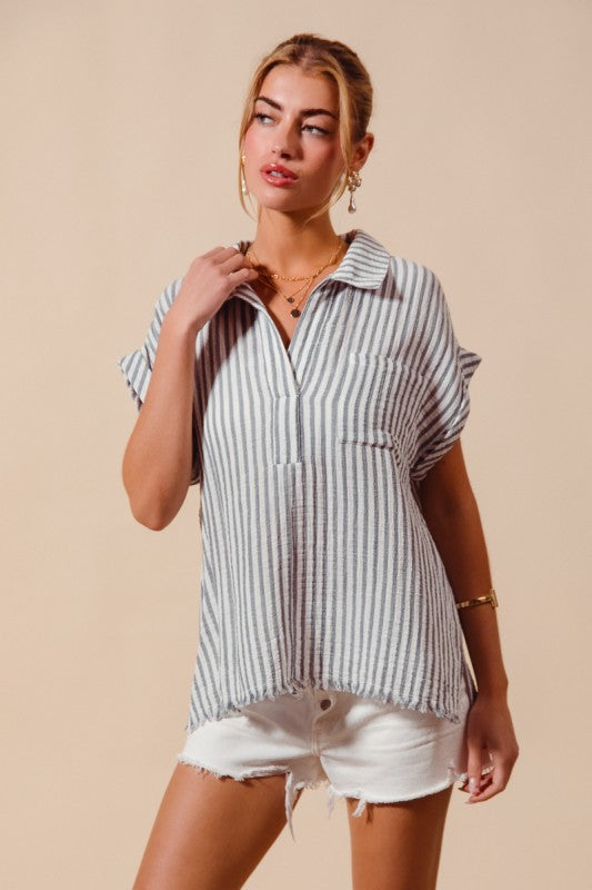 Denim Blue Stripe Cotton Top