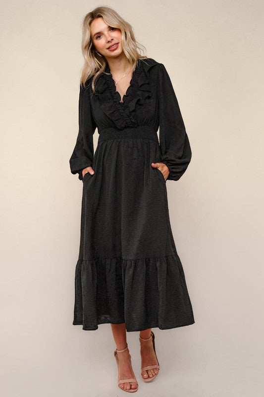 Black Ruffle V-Neck Long Sleeve Dress