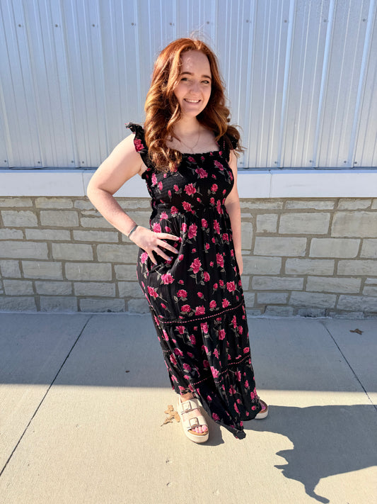 Black & Pink Floral Tiered Maxi Dress