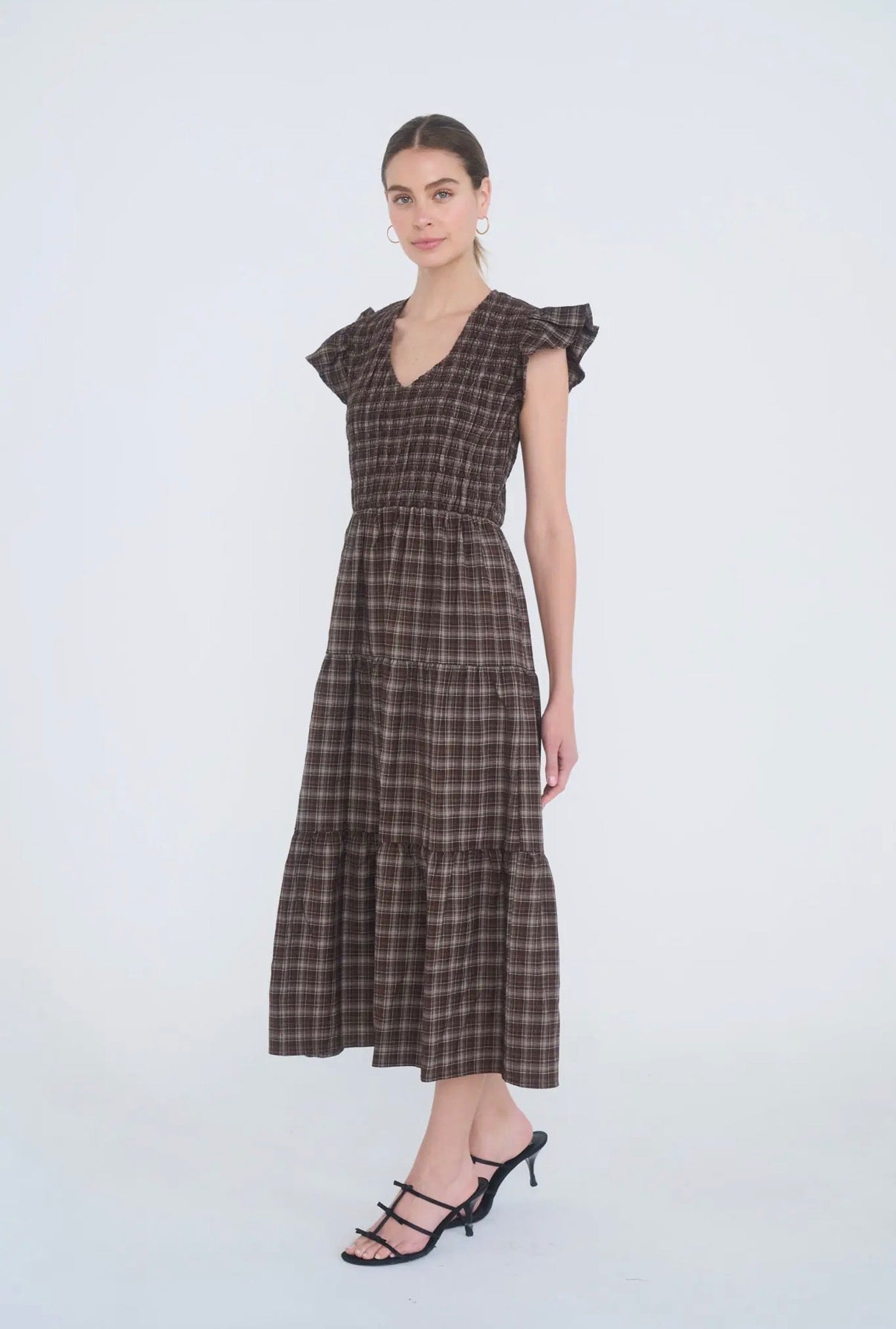 Brown Plaid Smocked Flutter Sleeve Dress