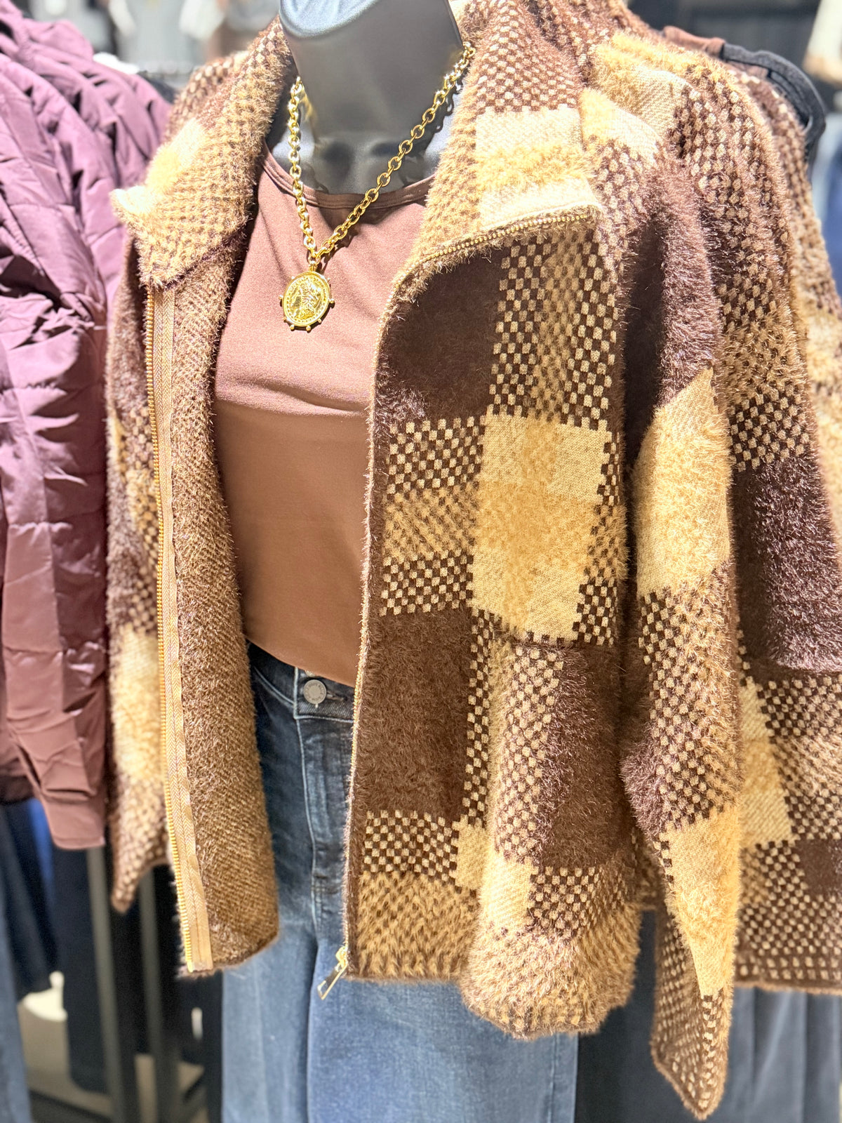 Brown Plaid Zip Front Jacket