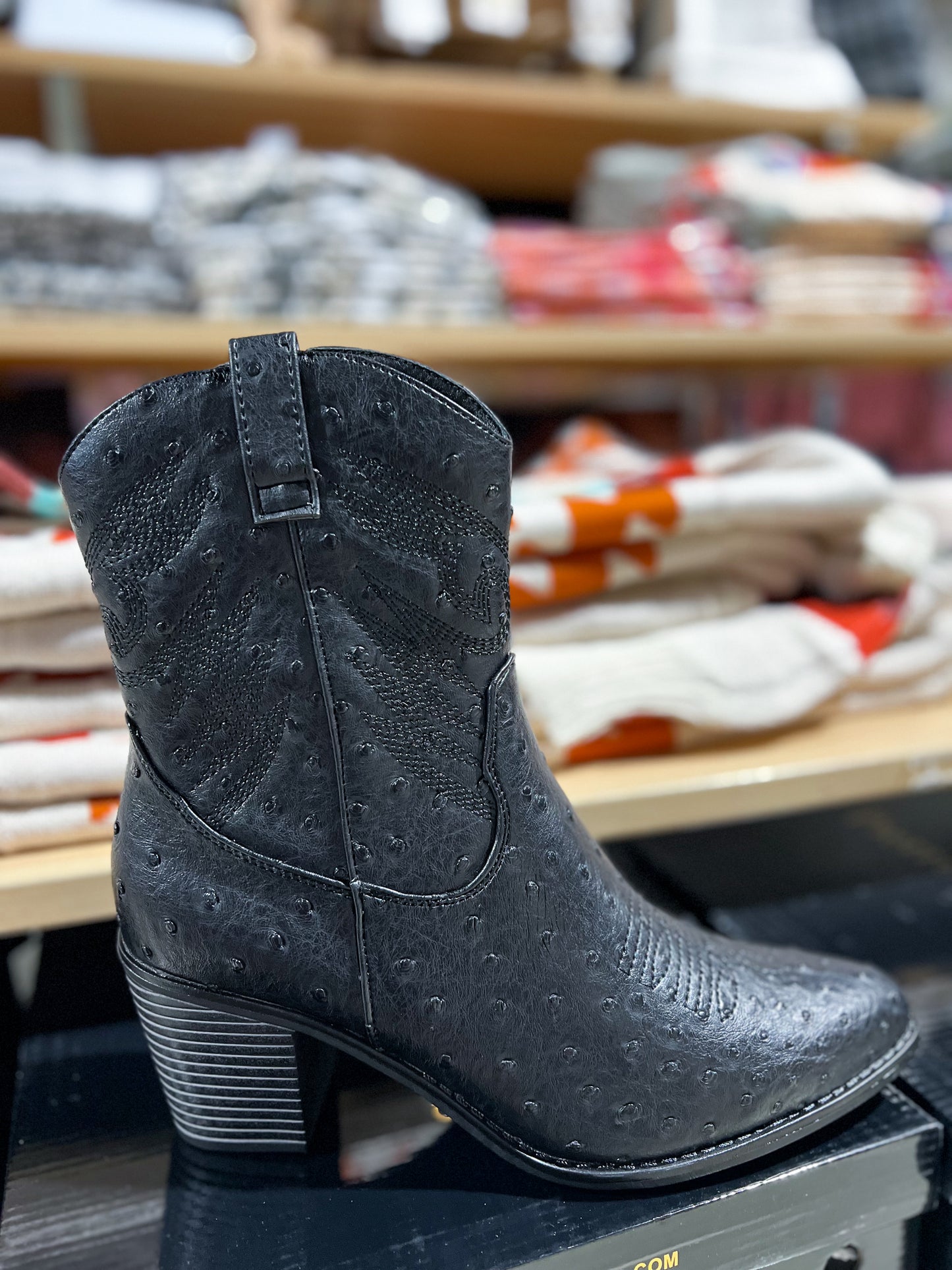 Megan Black Faux Ostrich Short Boots