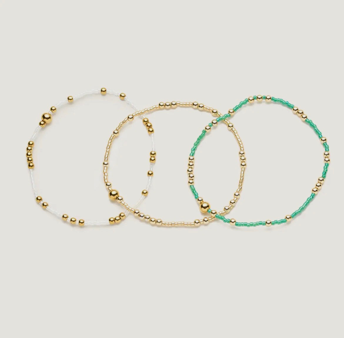 Gold + Emerald Beaded Stretch Bracelet Set