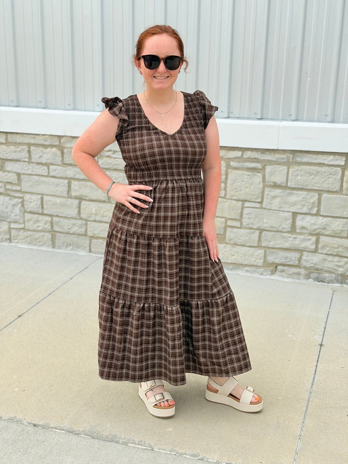 Brown Plaid Smocked Flutter Sleeve Dress