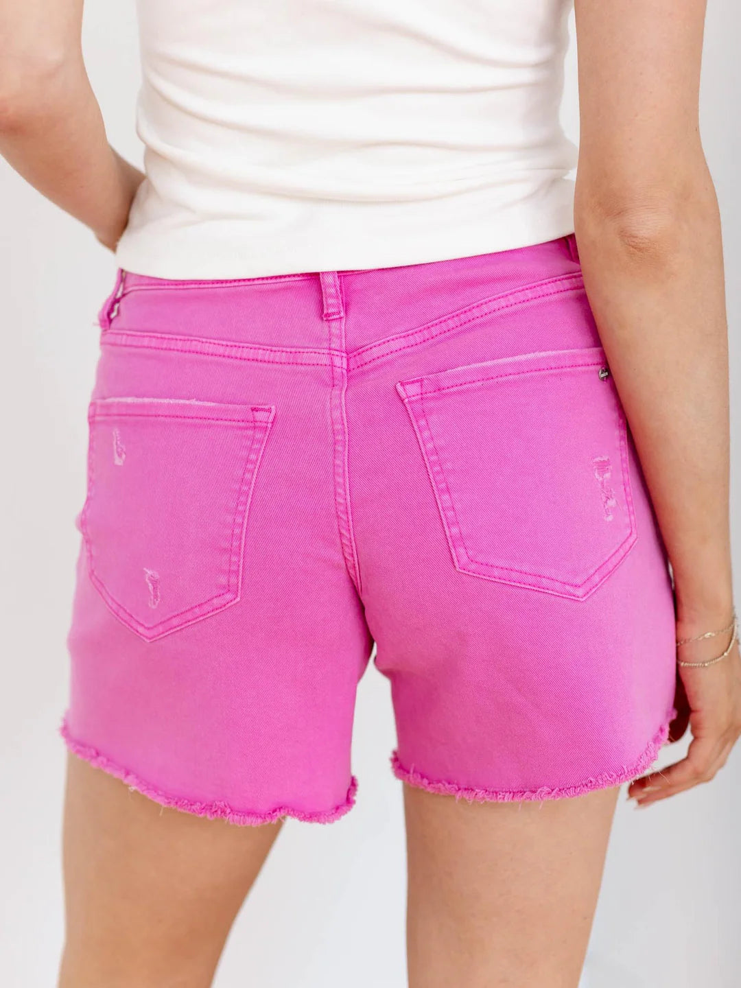 Brilliant Rose High Rise Raw Hem Denim Shorts