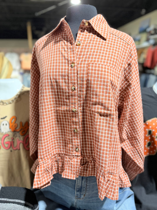 Chestnut Collared Check Babydoll Button Down Blouse