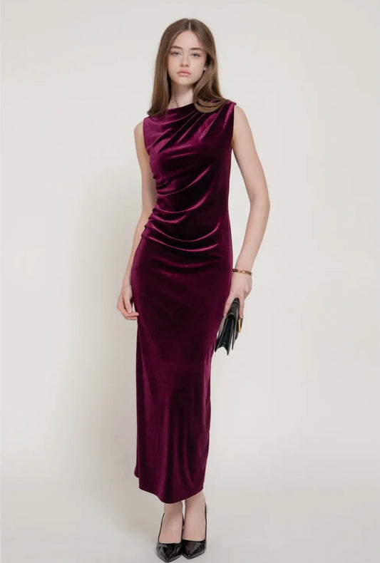 Wine Sleeveless Ruched Velvet Dress