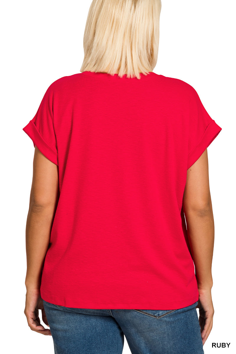 Ruby Red Cotton Modal Rolled Sleeve Top