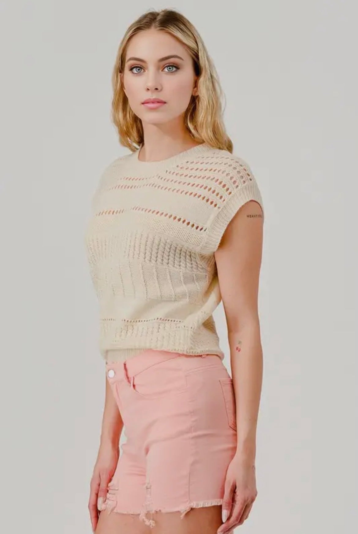 Cream Crochet Detail Short Sleeve Top