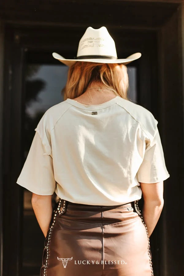 Sand Bronco Embroidered Raw Hem Tee