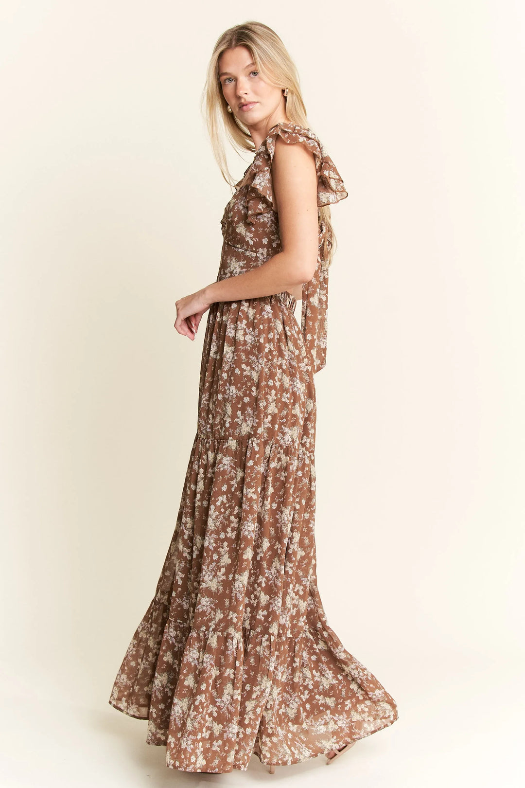 Mocha Floral Ruffle Sleeve Tiered Maxi Dress