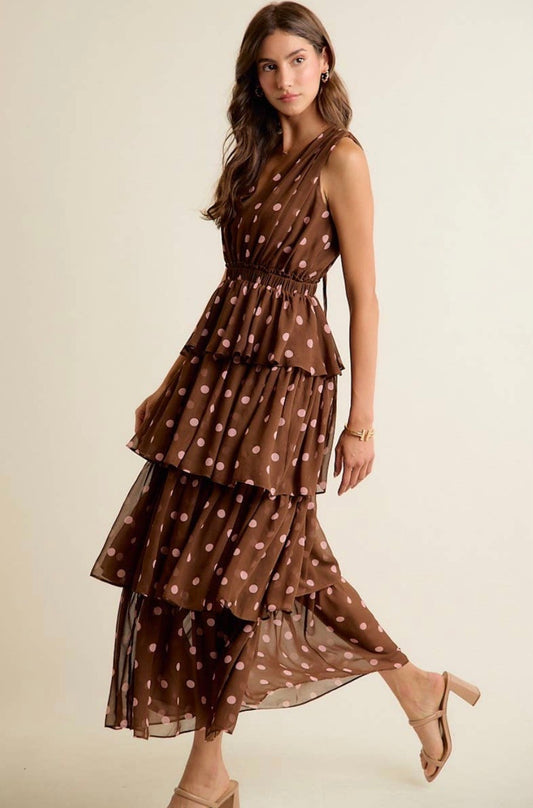 Brown + Pink Polka Dot Tiered Maxi Dress