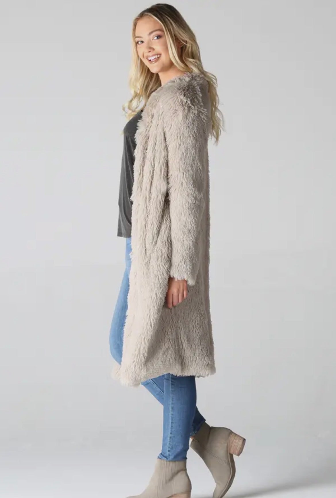 Cream Faux Fur Long Coat