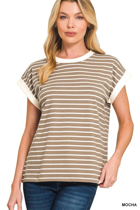 Mocha + White Stripe Short Sleeve Top