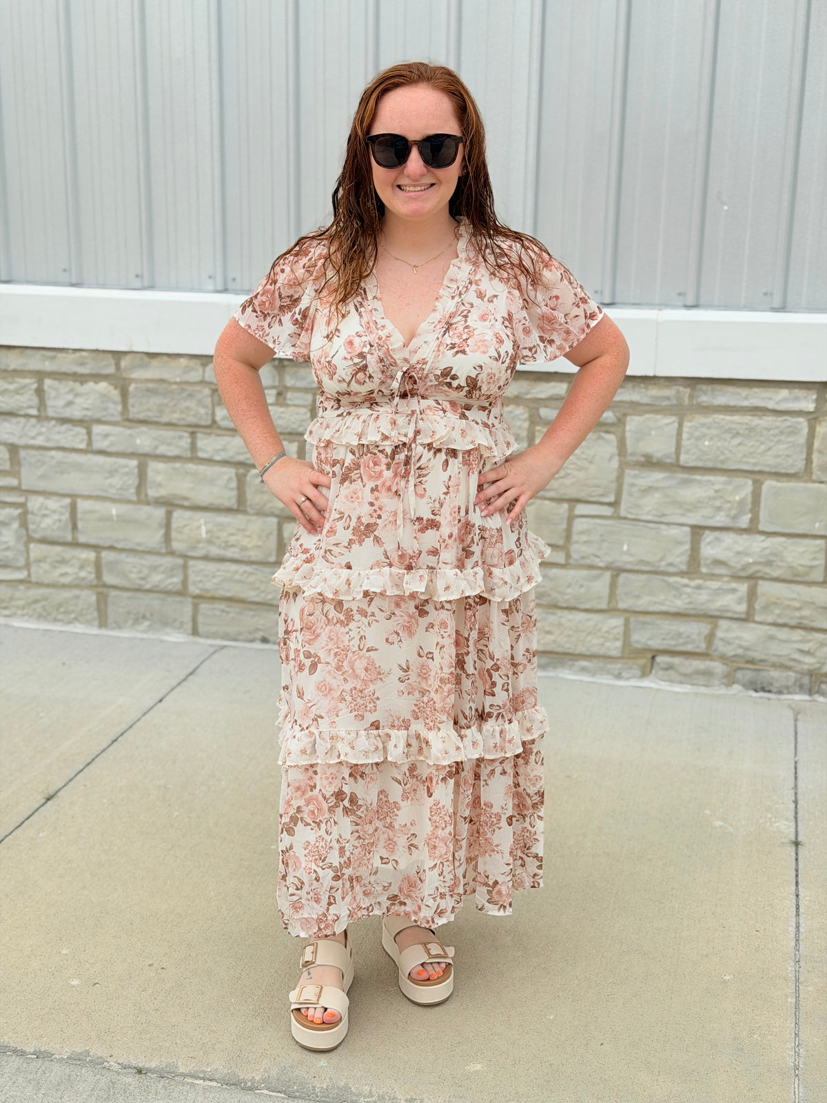 Ivory Floral Tiered Midi Dress