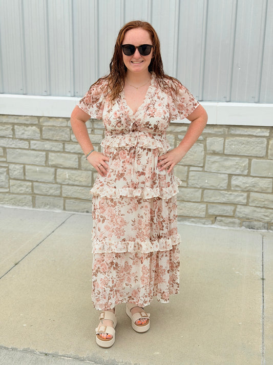 Ivory Floral Tiered Midi Dress