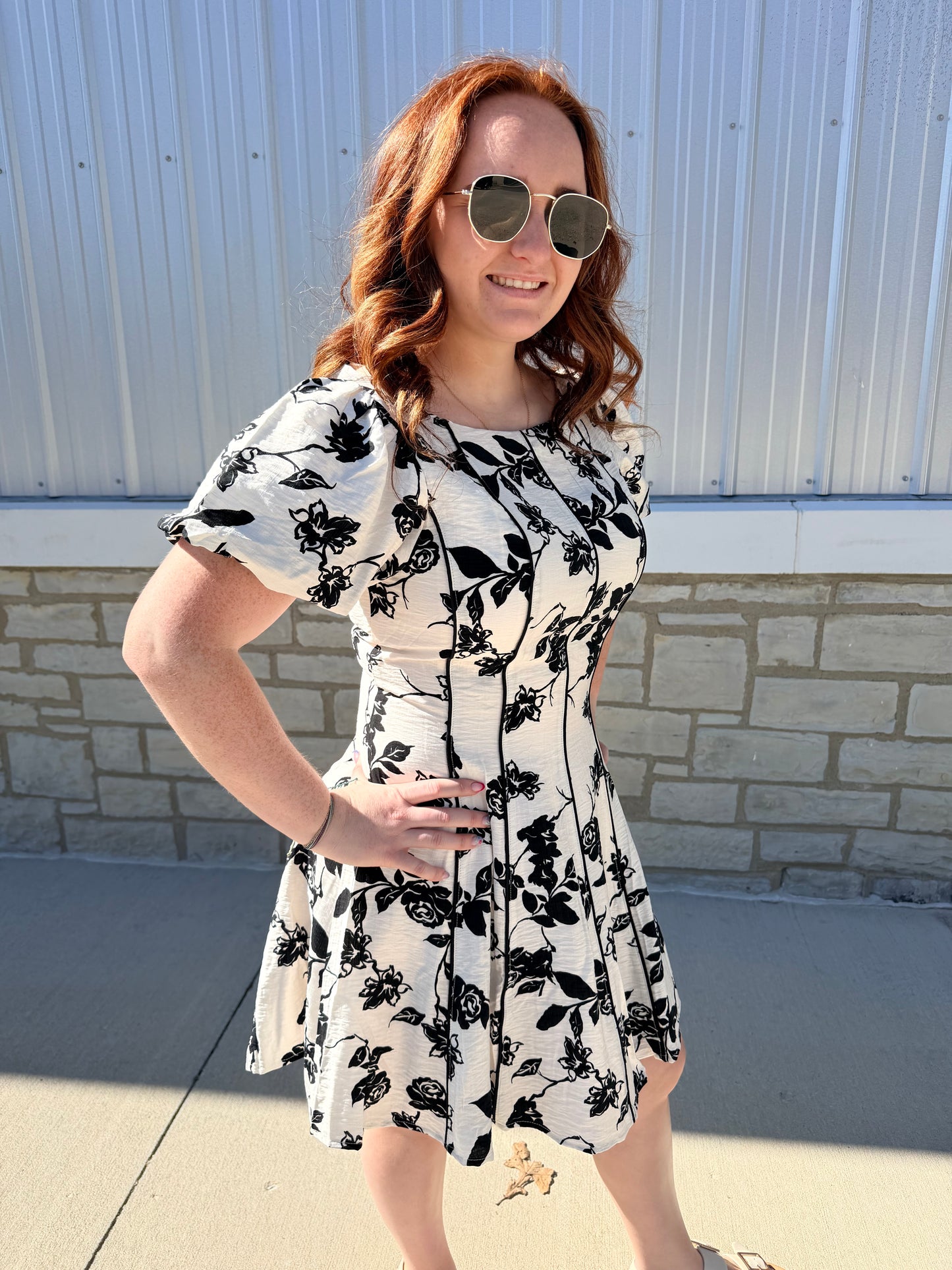 Ivory & Black Floral Fit & Flare Dress