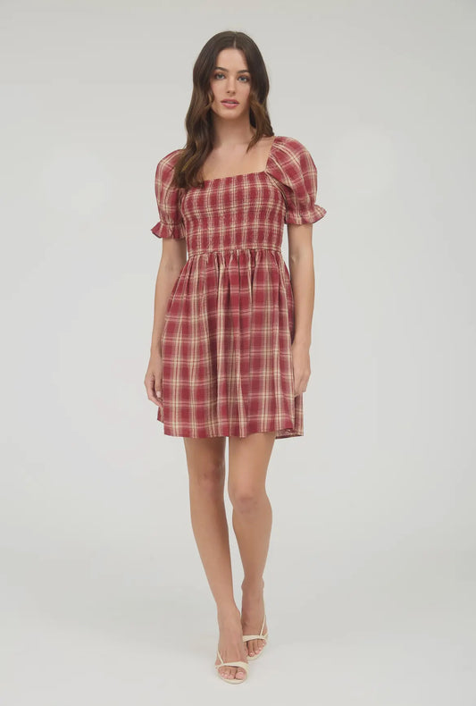 Burgundy Plaid Smocked Dress